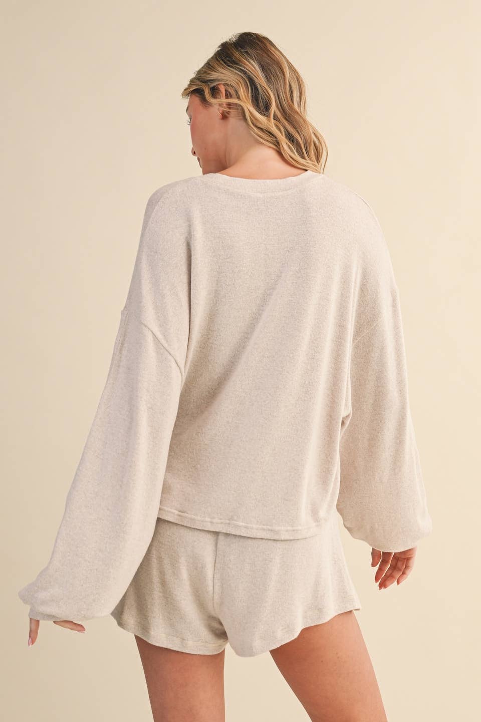 Hacci Long Sleeve Crewneck Top: Beige