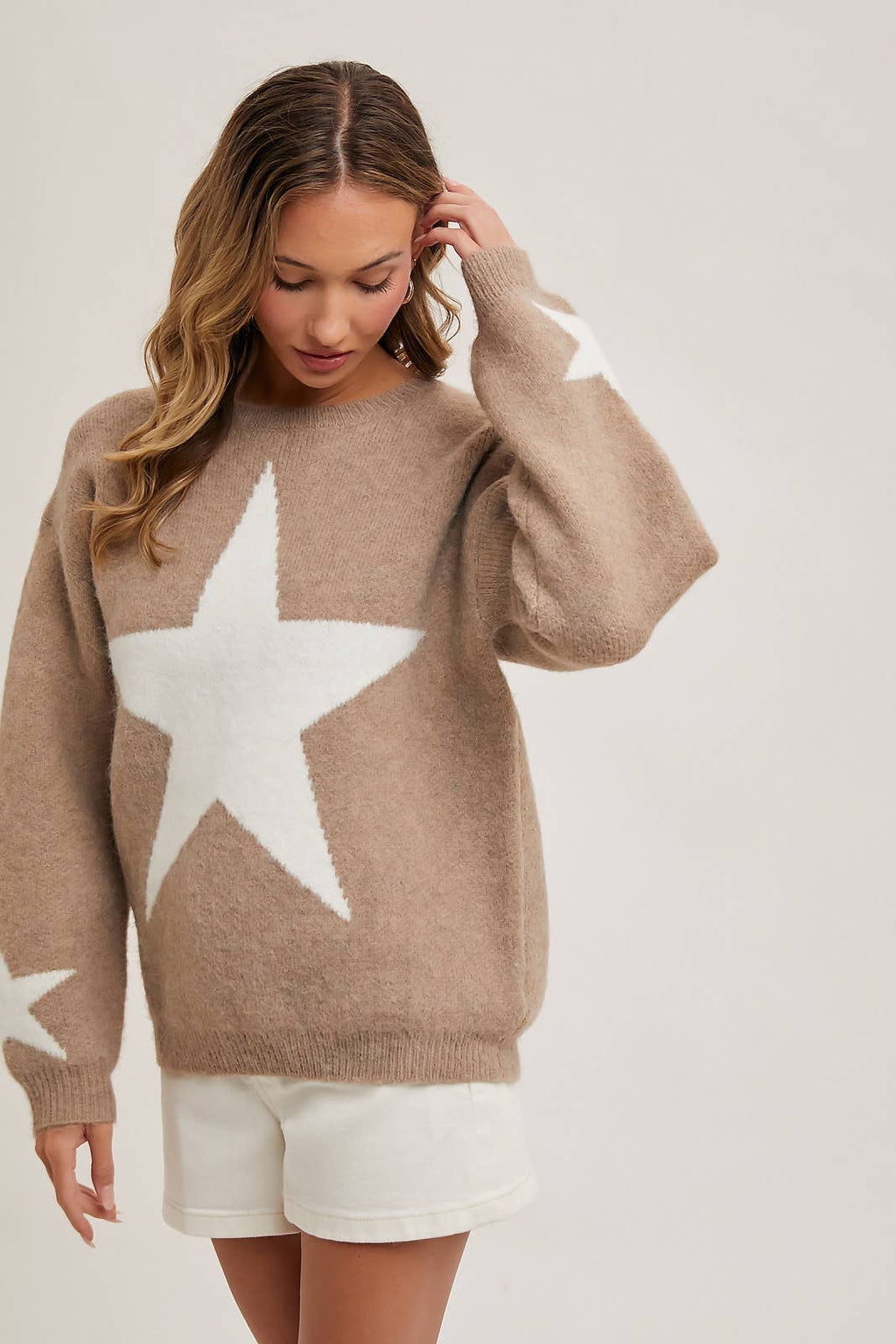 STAR PRINT KNIT SWEATER PULLOVER: LATTE