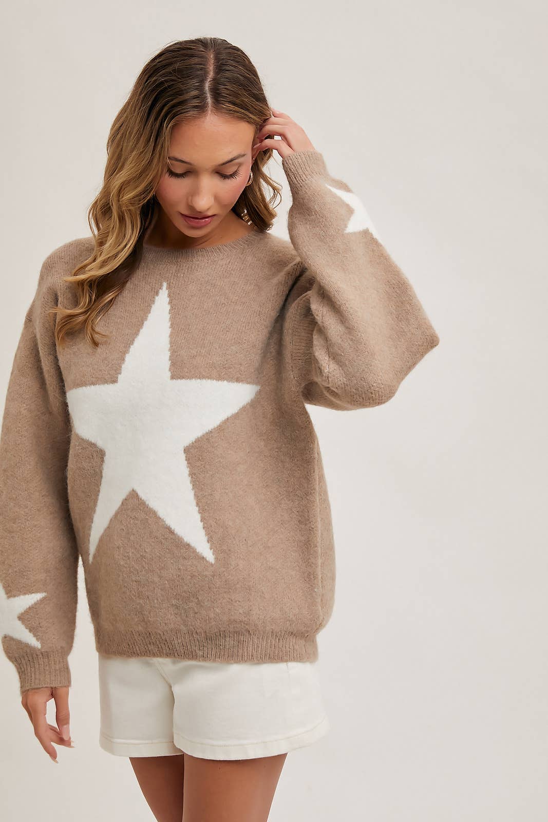 STAR PRINT KNIT SWEATER PULLOVER: LATTE