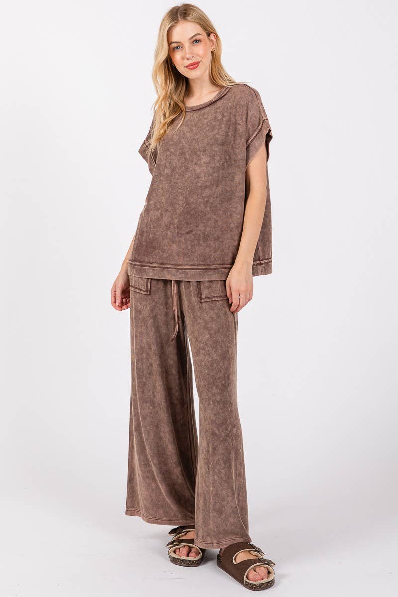 MINERAL WASHED TOP AND PANTS RIB SETS: BROWN