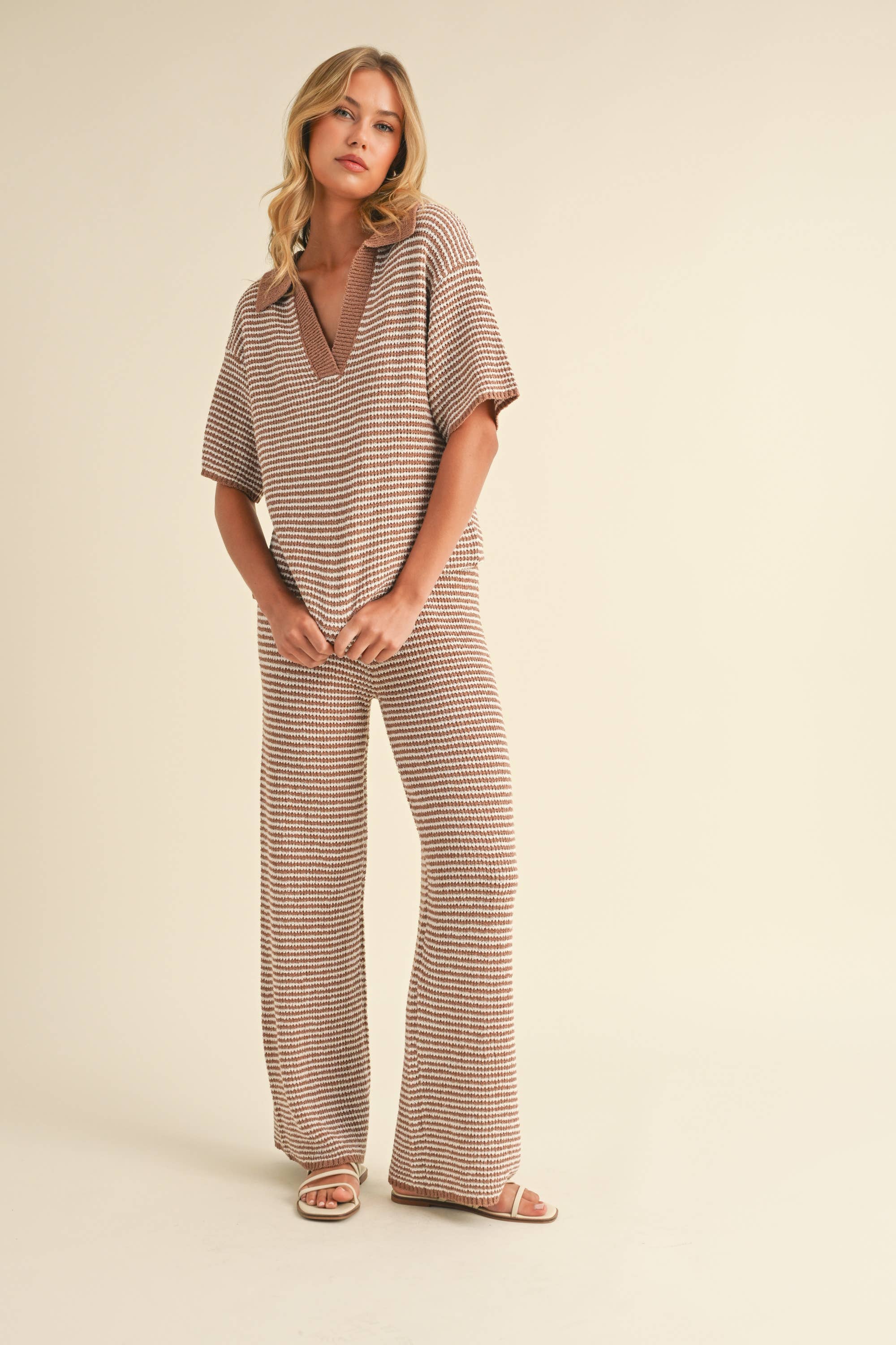 SHORT SLEEVE SWEATER TOP AND PANTS SET: MOCHA CREAM