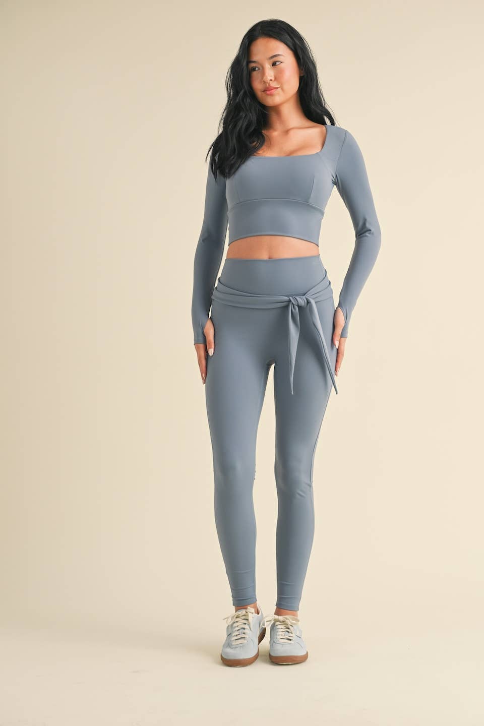 Balletcore Long Sleeve Square Neck Top and Tie Waist Legging: Dusty Blue