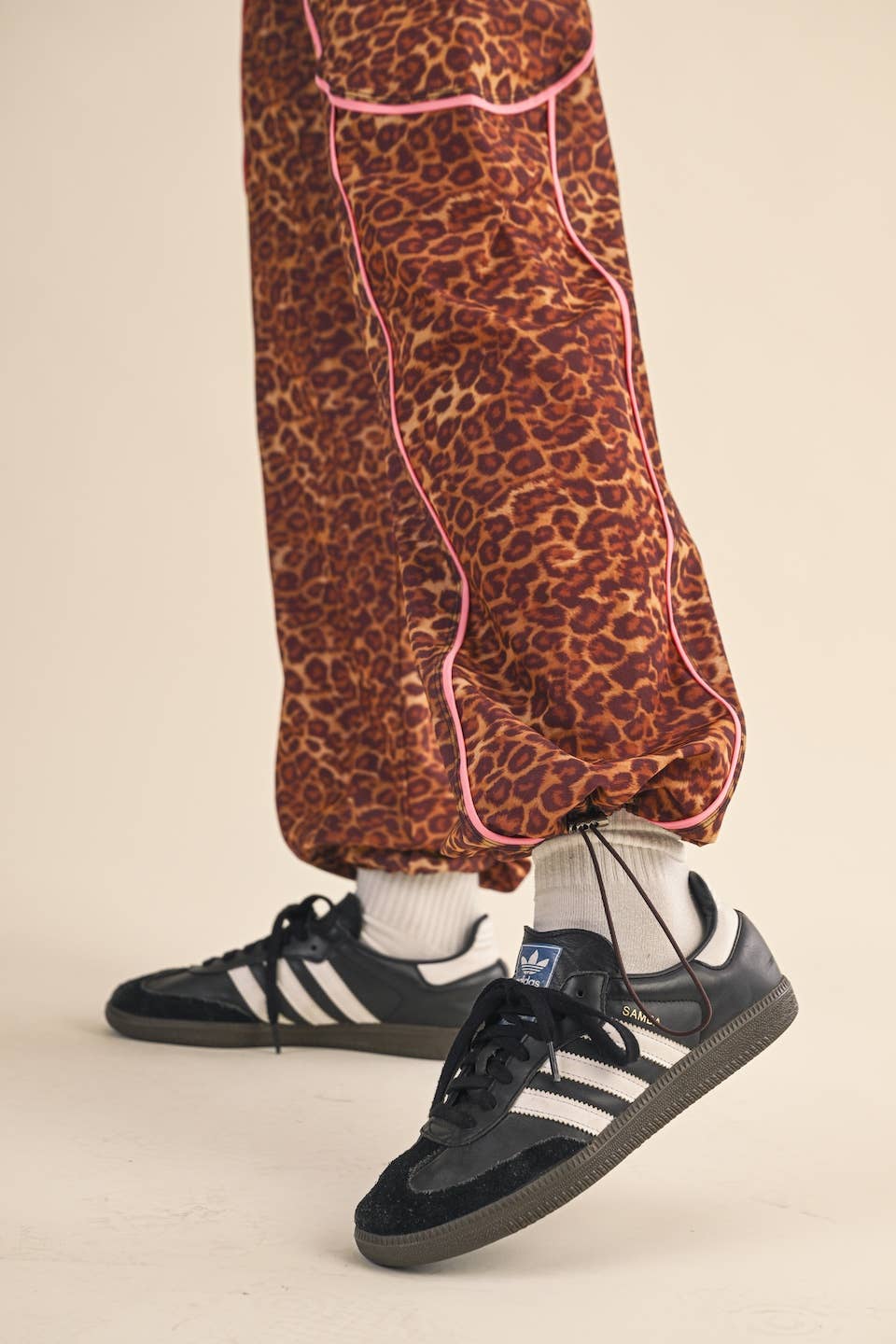 Leopard Print Nylon Track Pants with Contrast Piping: Leopard