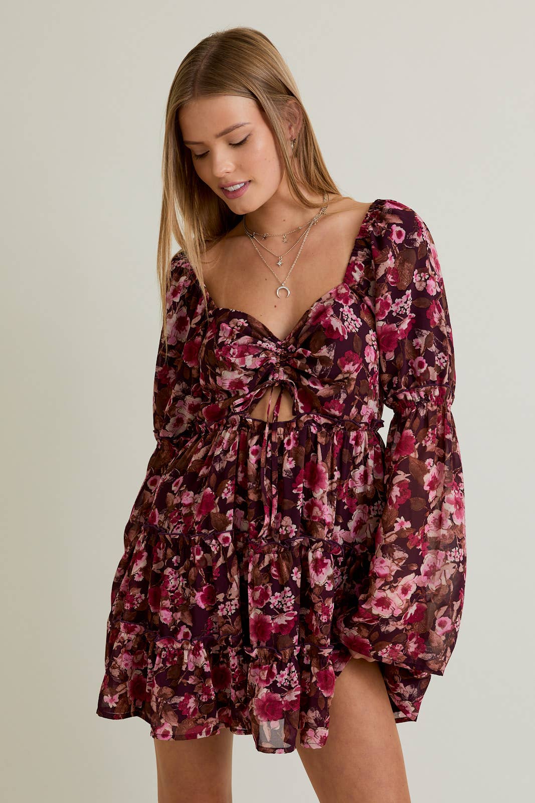 LONG SLEEVE FLORAL MINI DRESS: DK BROWN-PINK FLORAL