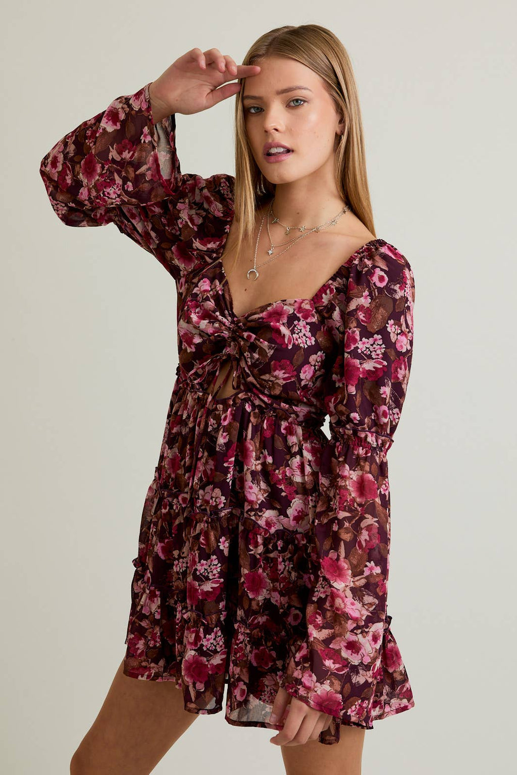 LONG SLEEVE FLORAL MINI DRESS: DK BROWN-PINK FLORAL