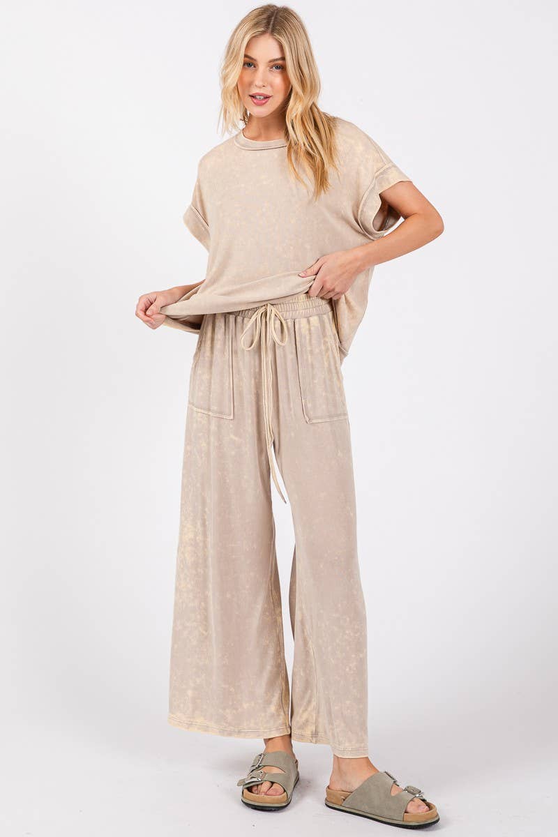 MINERAL WASHED TOP AND PANTS RIB SETS: TAUPE