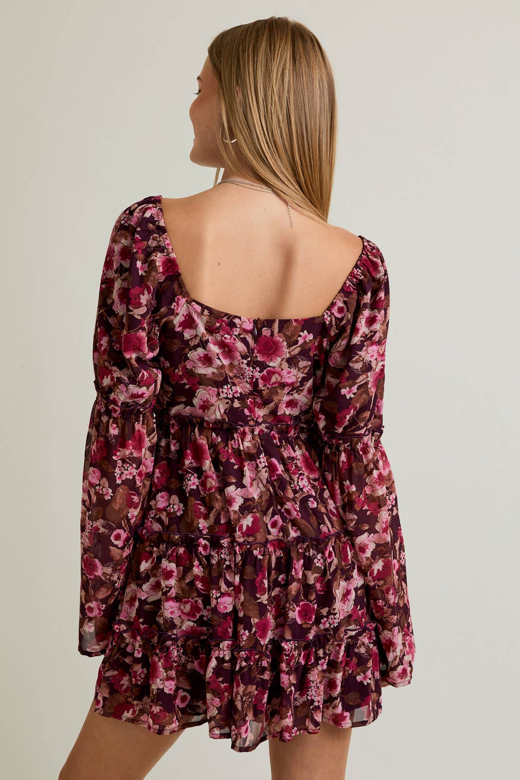 LONG SLEEVE FLORAL MINI DRESS: DK BROWN-PINK FLORAL
