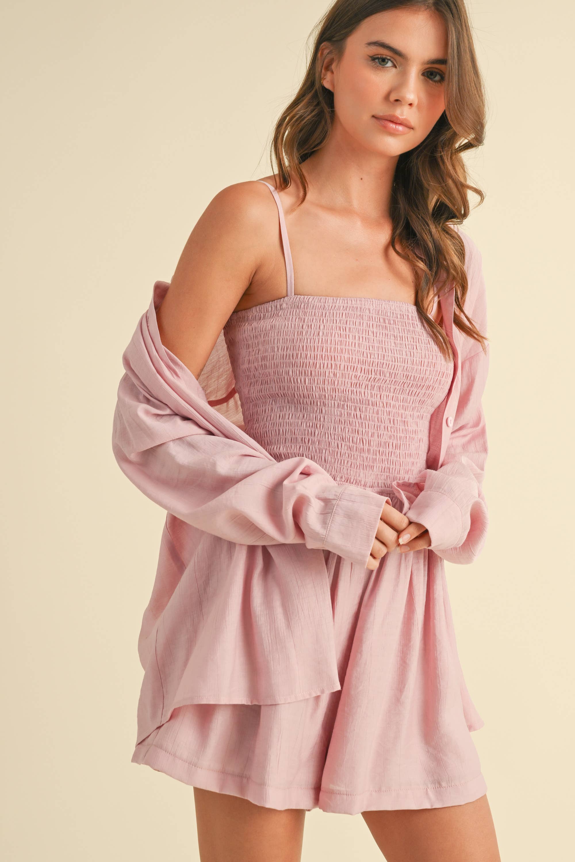 GAUZE TUBE ROMPER AND LONG SLEEVE TOP SET: LIGHT PINK
