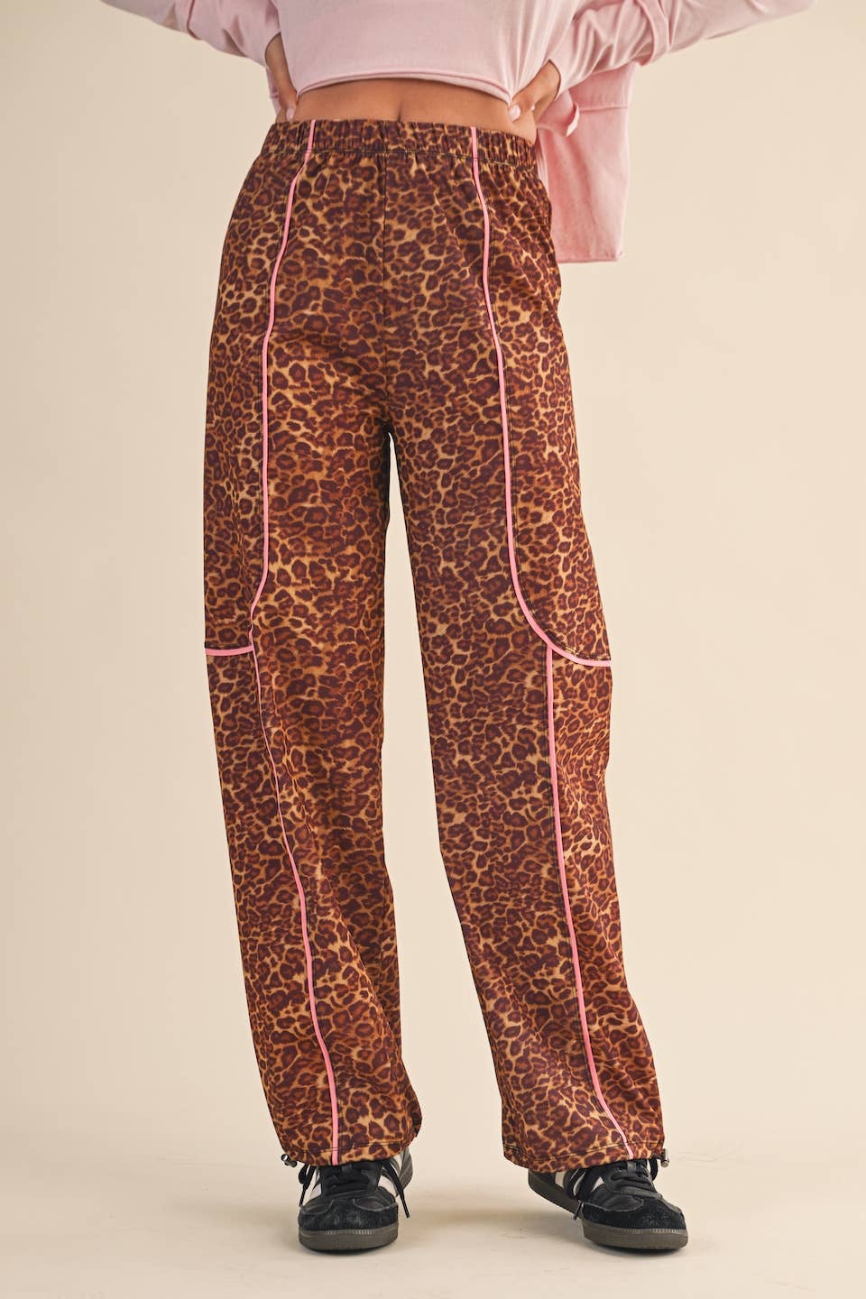 Leopard Print Nylon Track Pants with Contrast Piping: Leopard