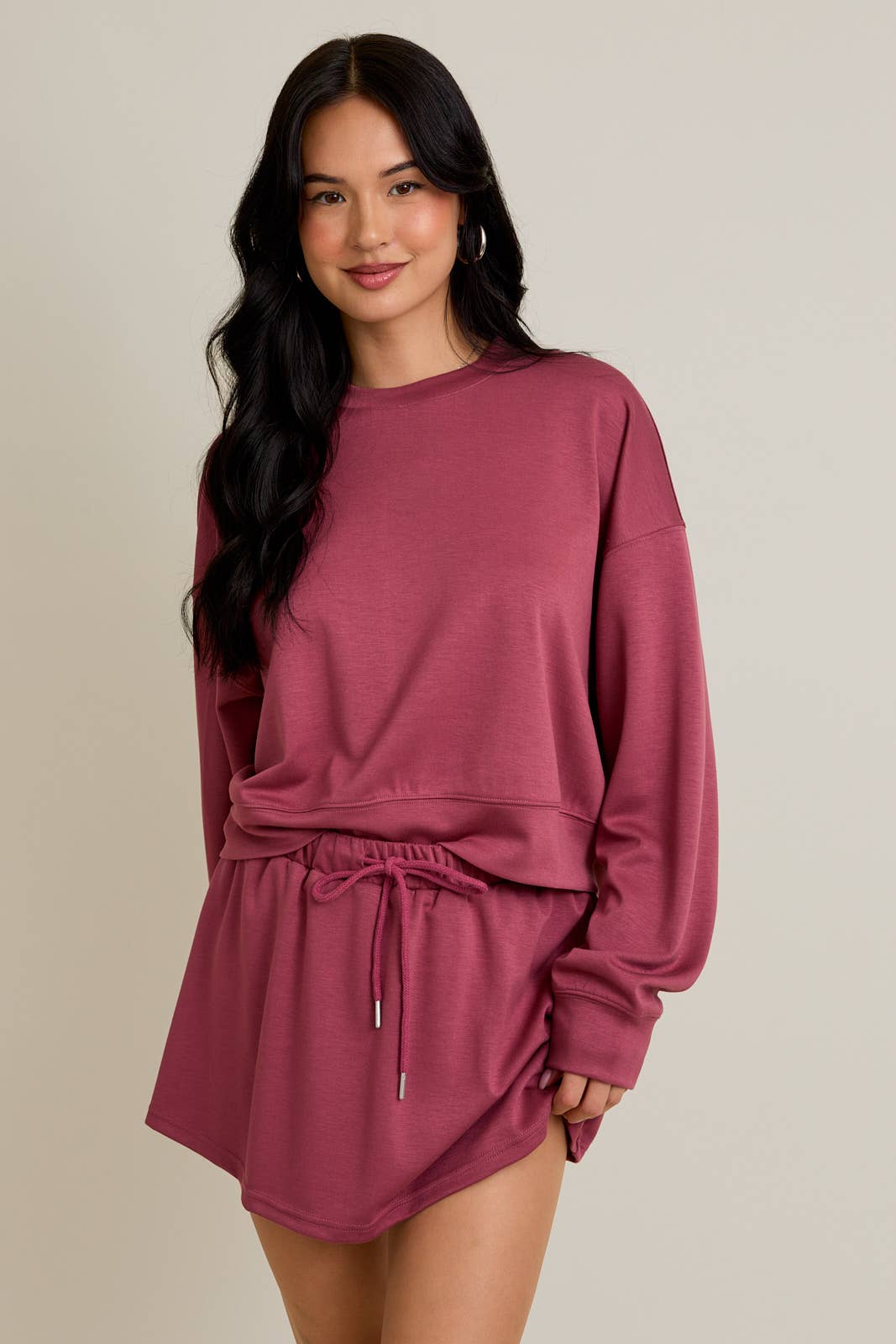 ROUND NECK SWEATSHIRT WITH FLARE SKORT: DUSTY ROSE SET