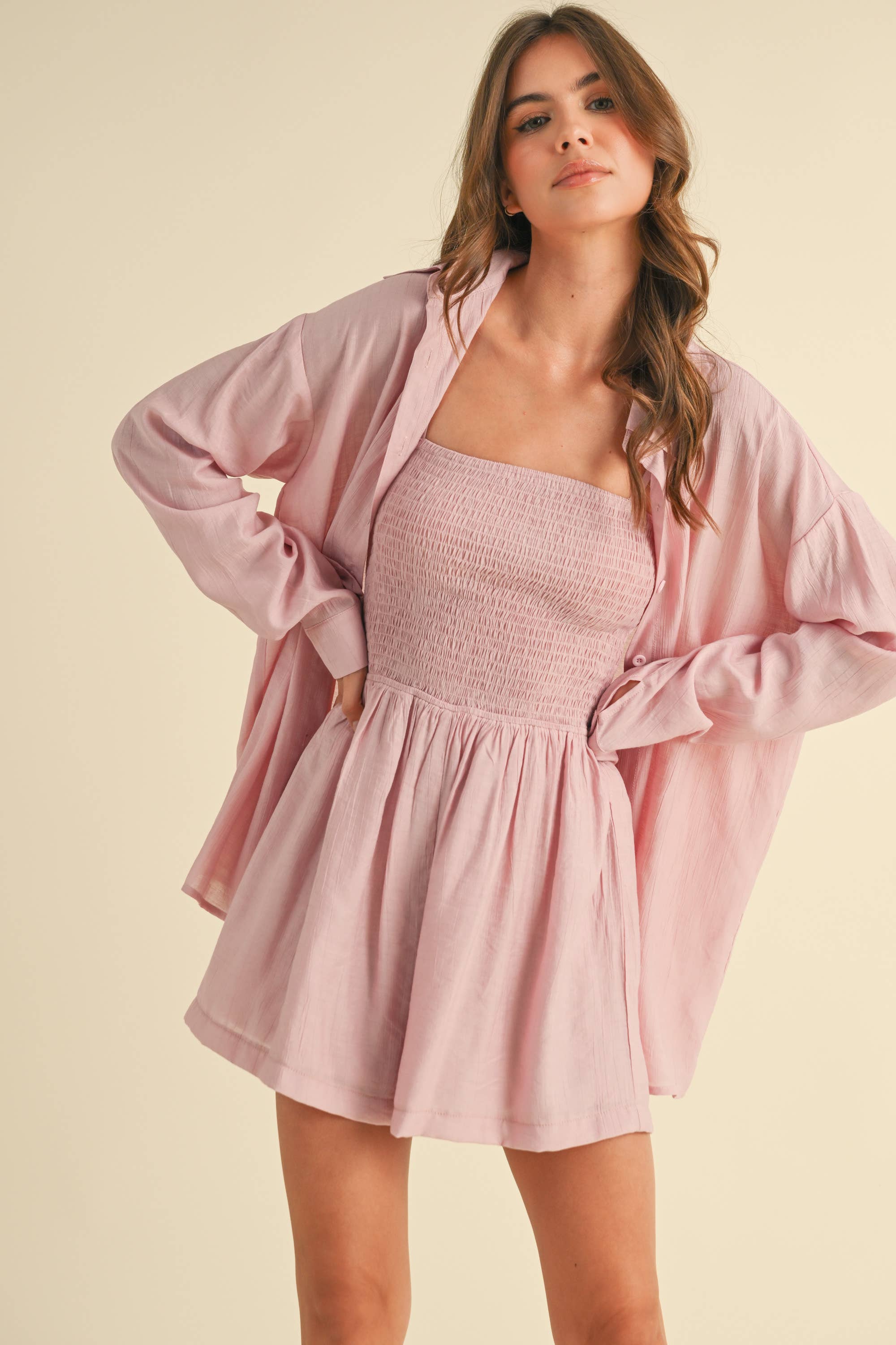 GAUZE TUBE ROMPER AND LONG SLEEVE TOP SET: LIGHT PINK