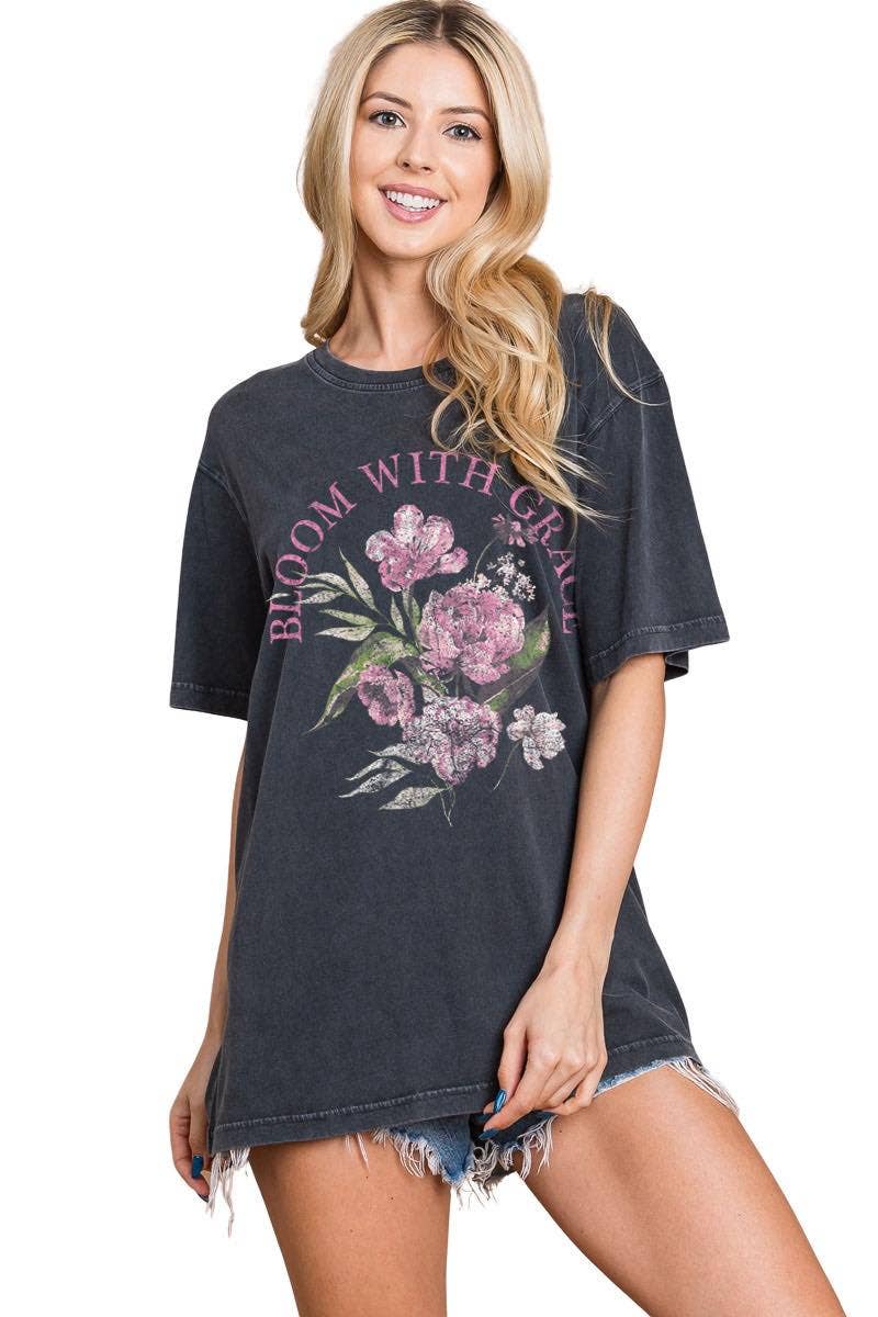 Bloom With Grace Floral Graphic Premium Washed Tee: BLACK