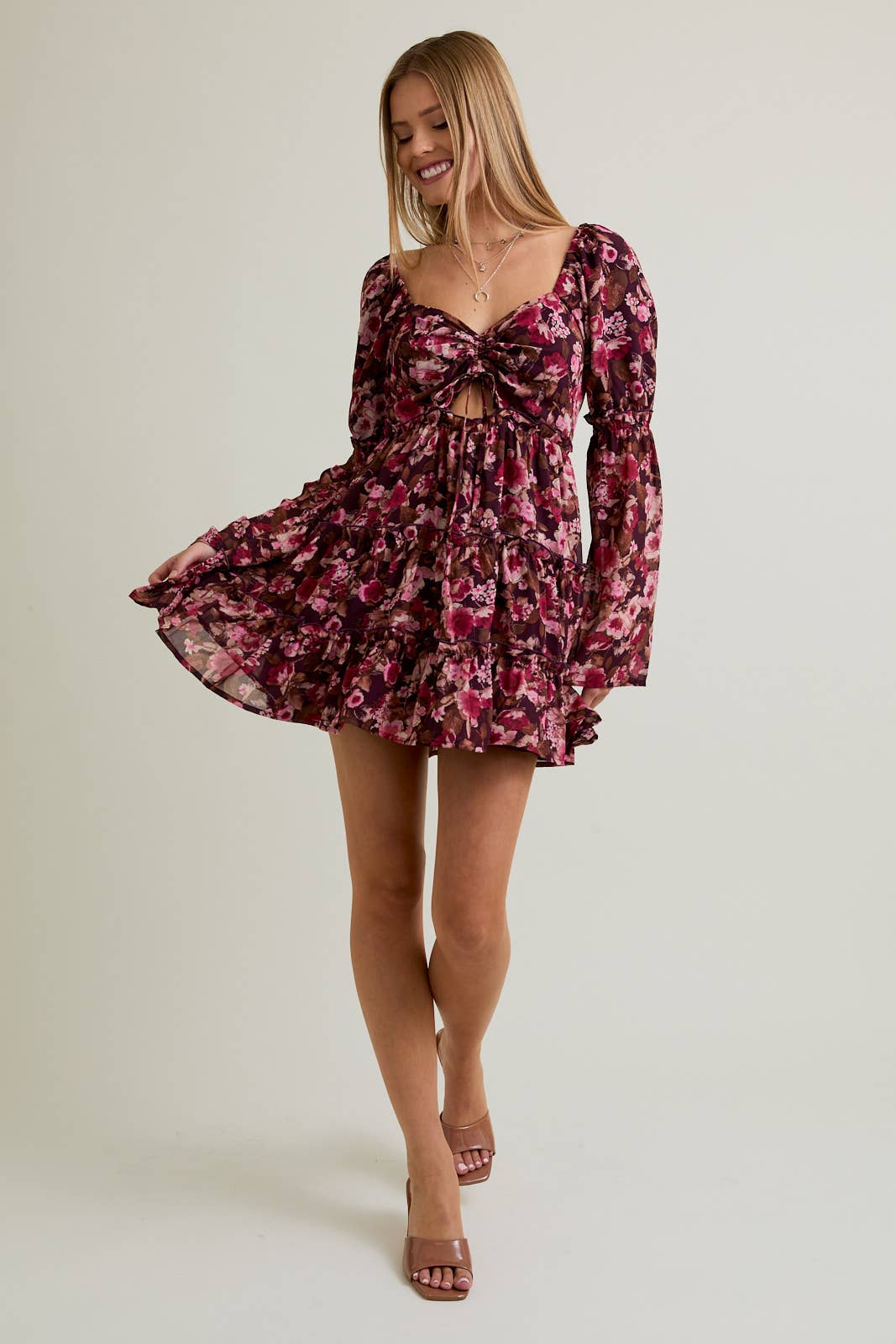 LONG SLEEVE FLORAL MINI DRESS: DK BROWN-PINK FLORAL