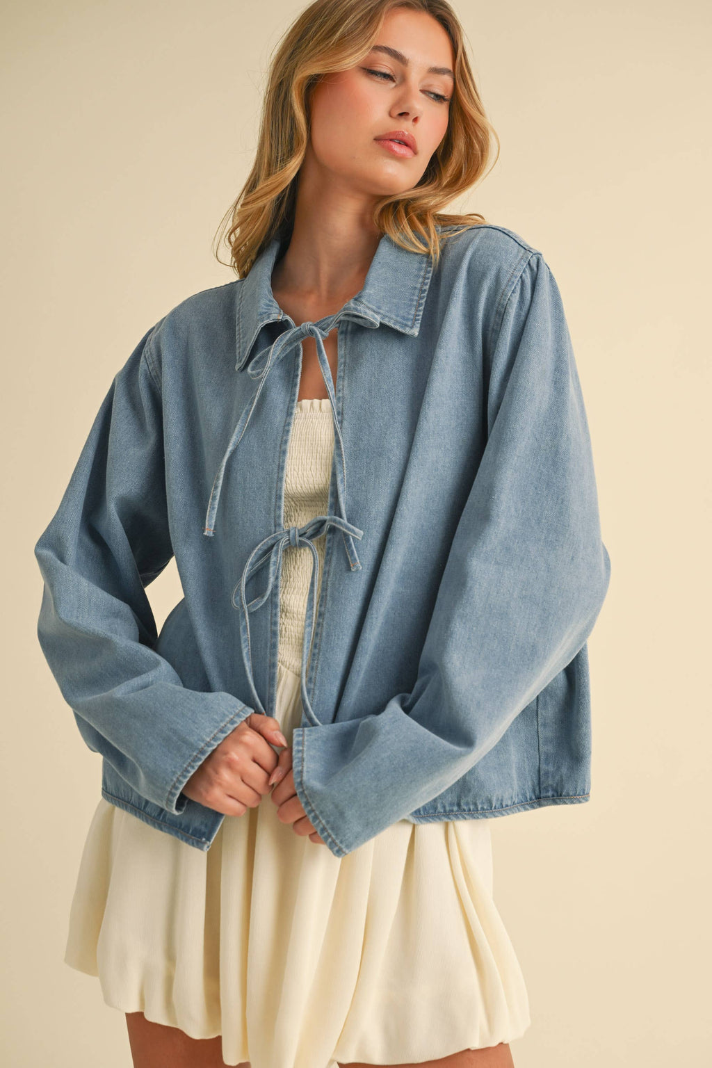 DENIM FRONT TIE LONG SLEEVE JACKET: DENIM