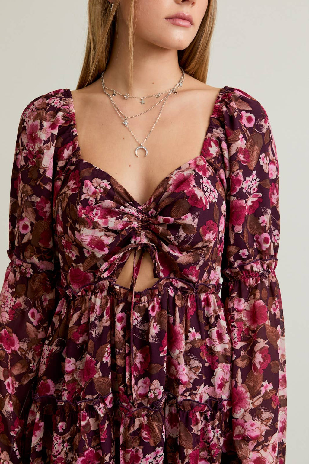 LONG SLEEVE FLORAL MINI DRESS: DK BROWN-PINK FLORAL