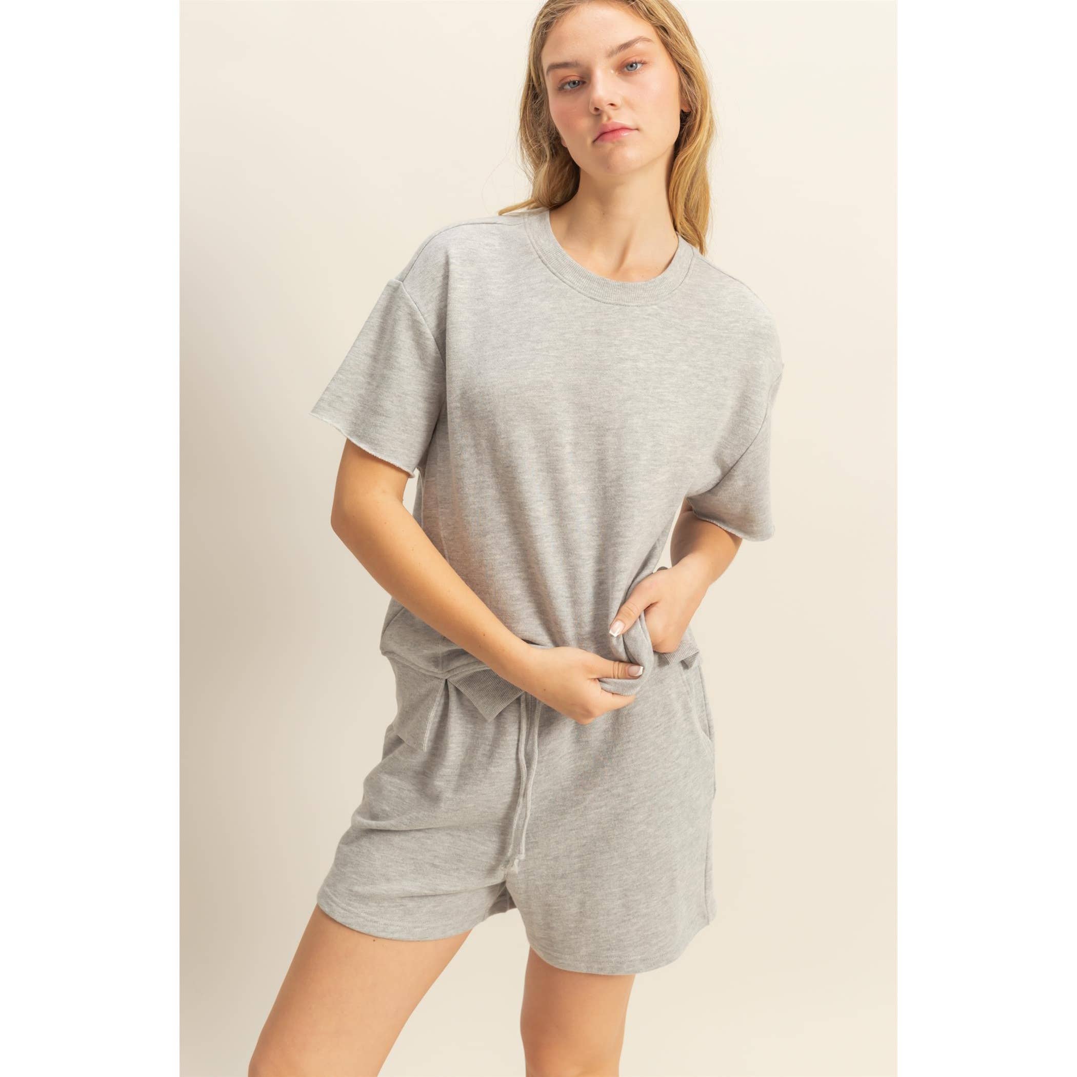 SET-Short Sleeve Tee And Flowy Shorts Set: HEATHER GRAY