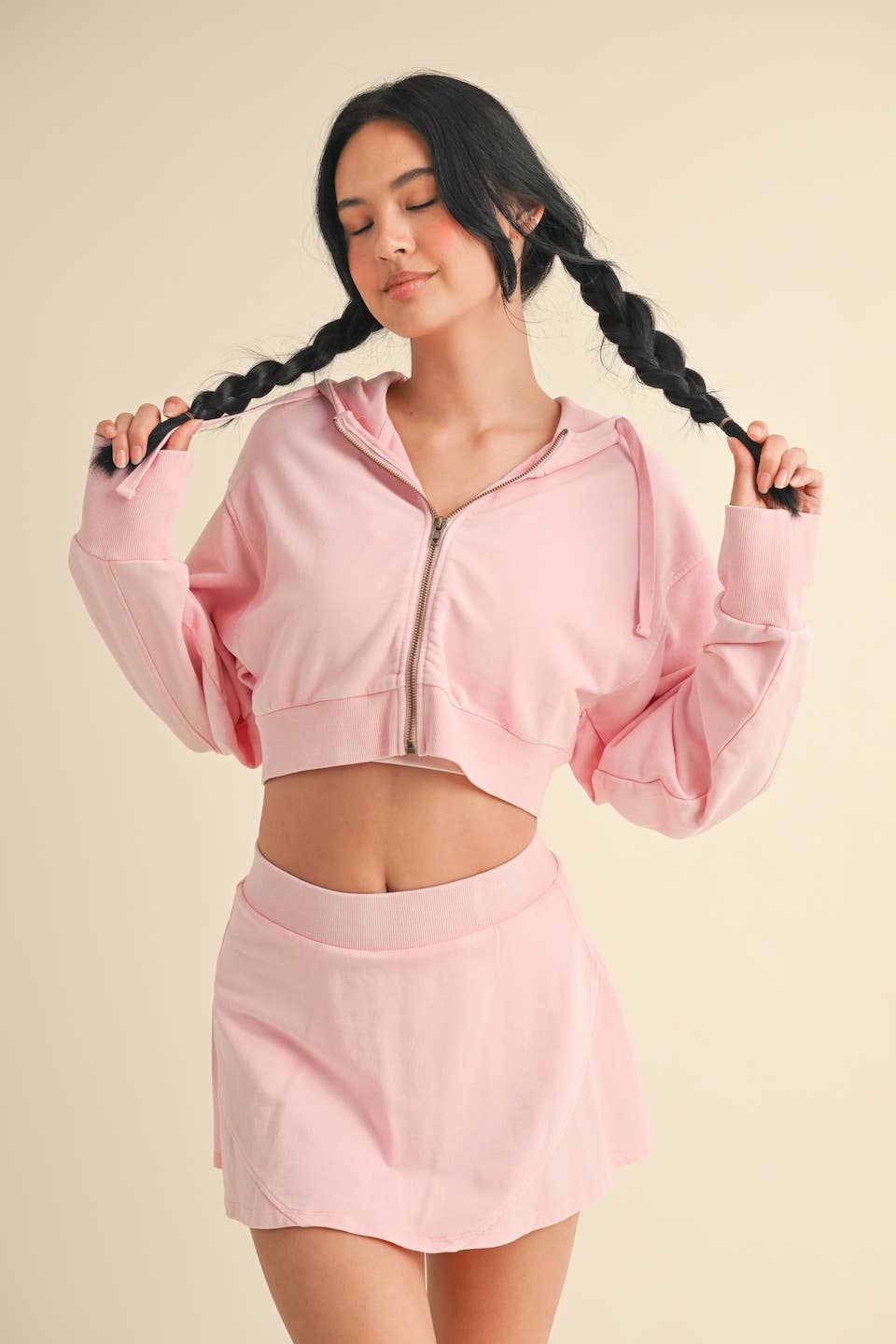Mineral Wash Oversized Crop Hoodie: Baby Pink
