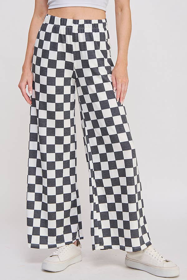 HIGH WAIST CHECKERED STRAIGHT LEG KNIT PANTS: BLACK/WHITE