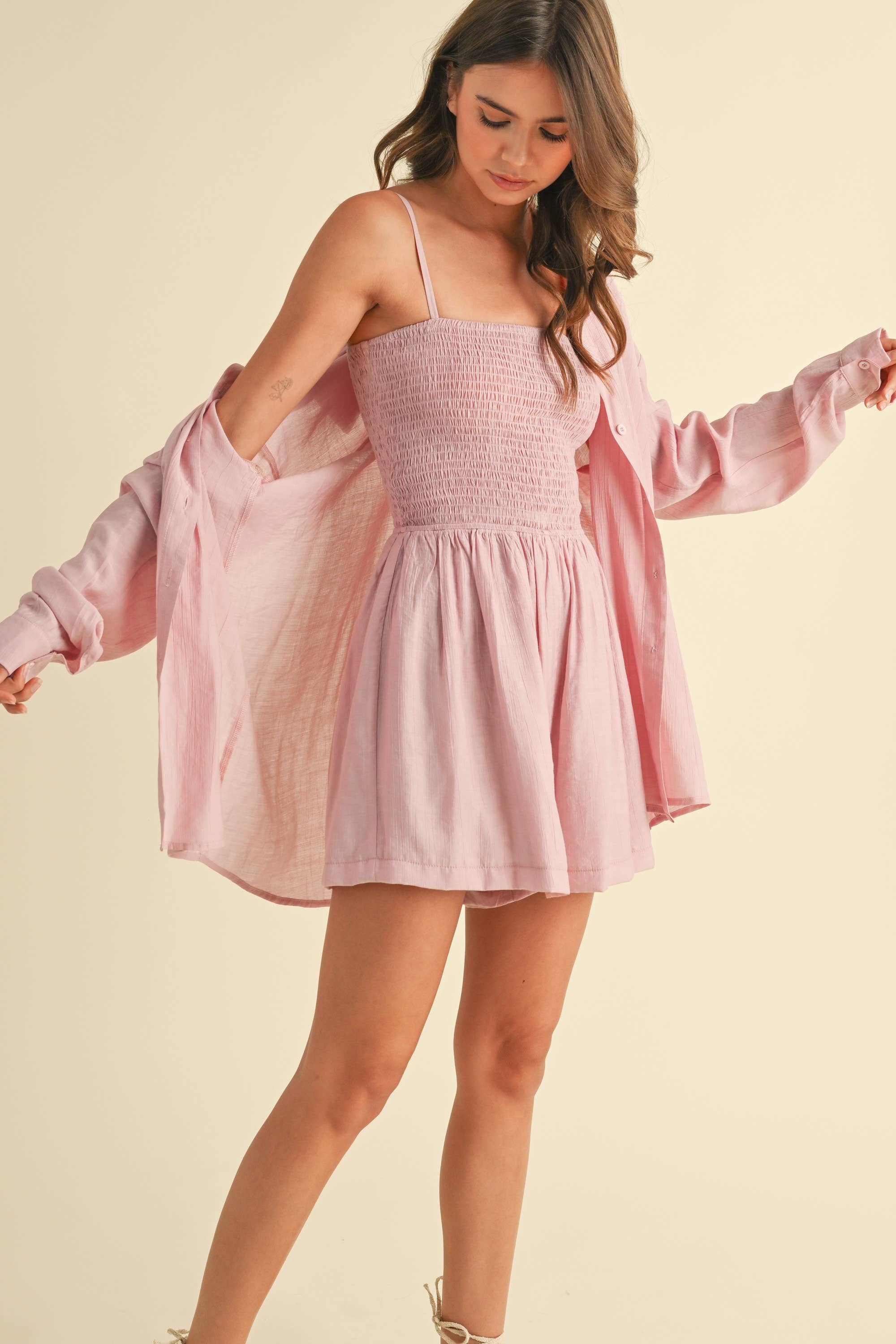 GAUZE TUBE ROMPER AND LONG SLEEVE TOP SET: LIGHT PINK