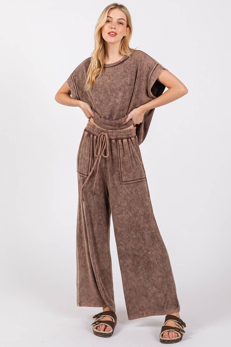 MINERAL WASHED TOP AND PANTS RIB SETS: BROWN